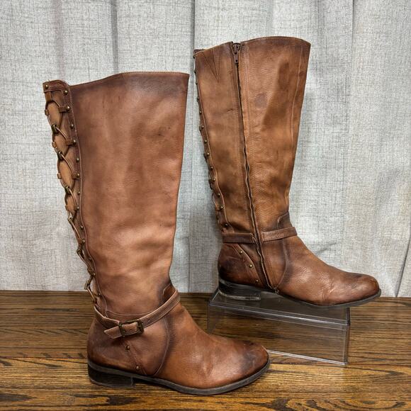 Gianni Bini Brown Leather Knee High Boots Women’s 10M Lace Up Back Riding - Picture 1 of 8